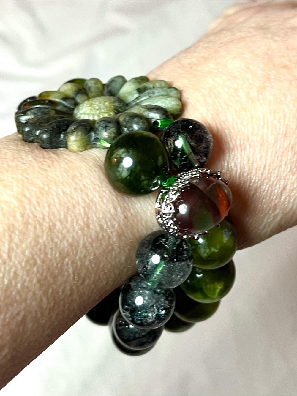 Natural Green Garden Phantom Quartz Statement Bracelet w/ Carved Flower Focal